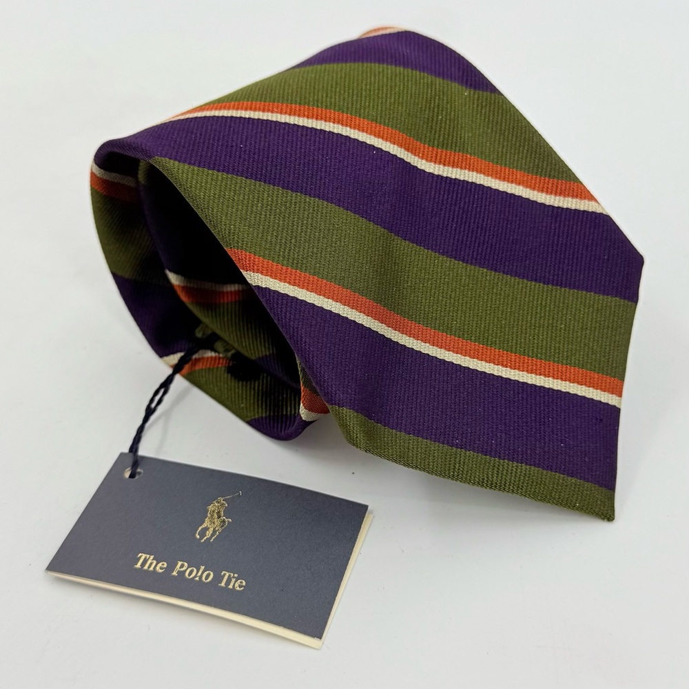 Polo By Ralph Lauren‎ Green / Purple Stripe Tie 100% Silk made in Italy New NWT